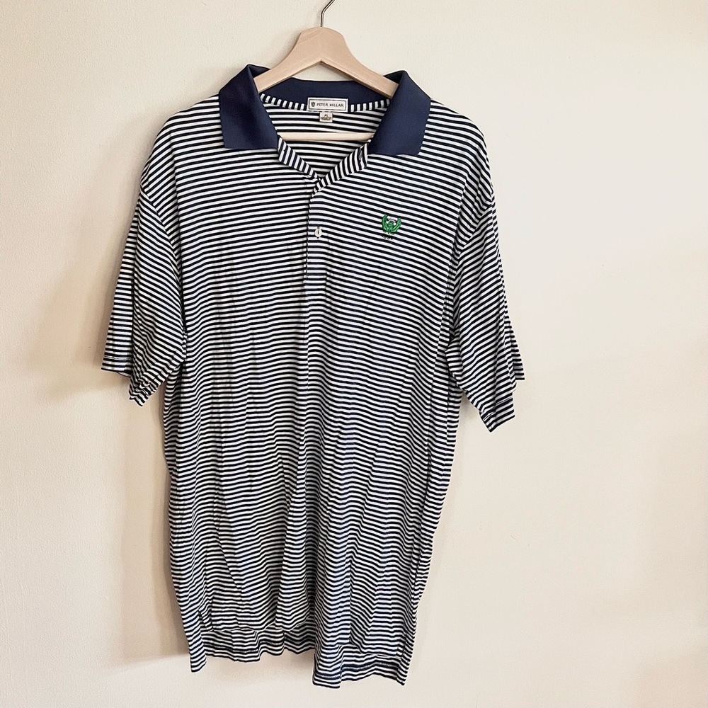 Peter Millar Men Polo Cotton Short Sleeve Navy White Stripes Golf Size XL